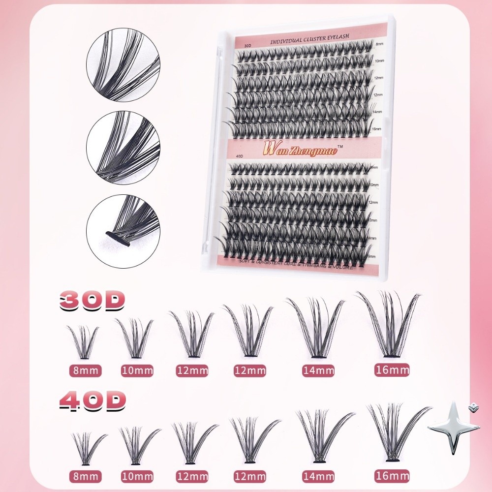 Eyelash Extension Wispy Look - 8-16mmの長さのつけまつげ、接着剤とシーラー付き、自然な見た目DIYまつげエクステキット、ウィスピー風クラスターデザインのつけまつげ